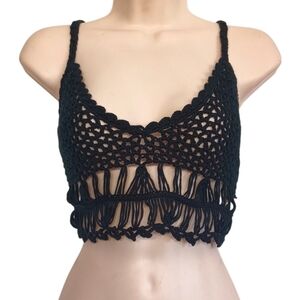 LUNA IVY Crochet Knit Black Boho Cropped Sleeveless Stretchy Top S/M NWT